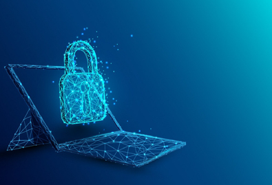 A graphic of a computer with a padlock in front